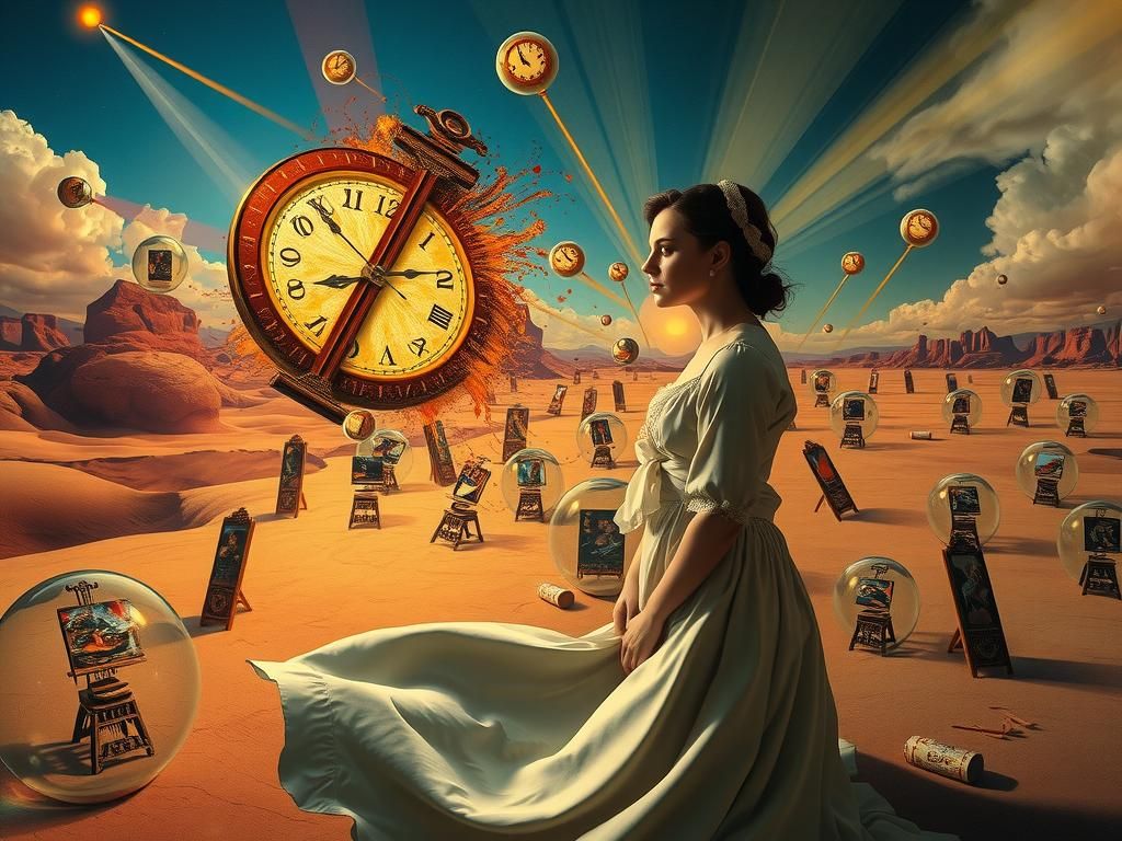 Surreal Painter Surrounded by Infinity in Dreamlike Landscap...