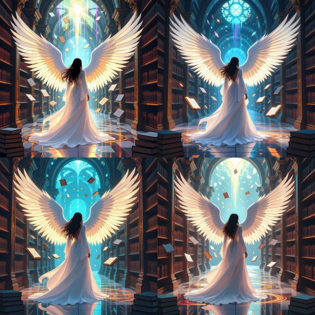 Golden Angel Guards Ancient Library With Liquid Light Books