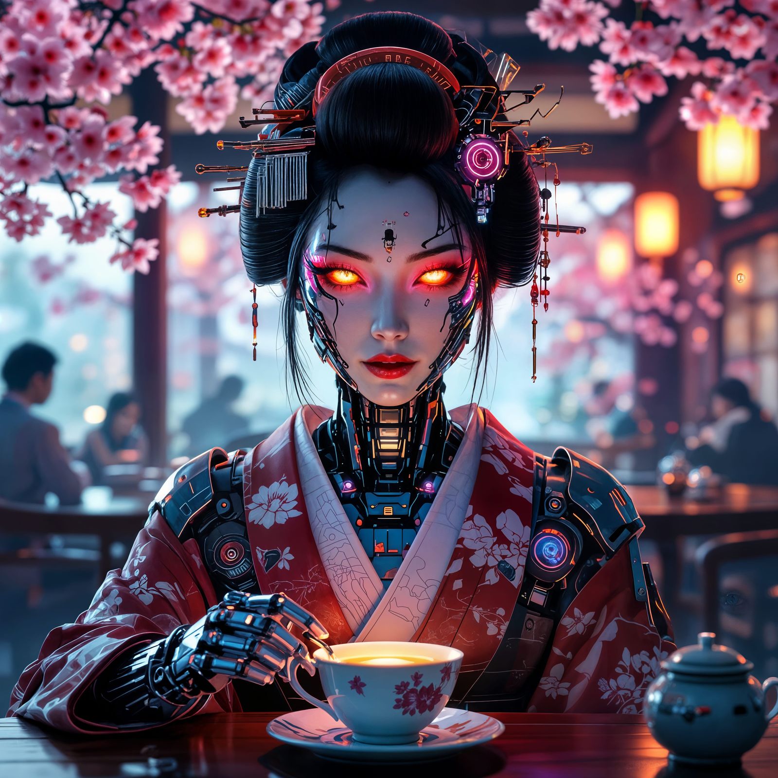 Cyborg Geisha in Futuristic Teahouse: Oil Painting