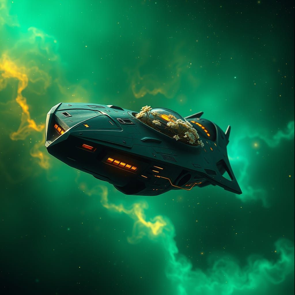 Art Nouveau Spaceship in Emerald and Gold Nebula
