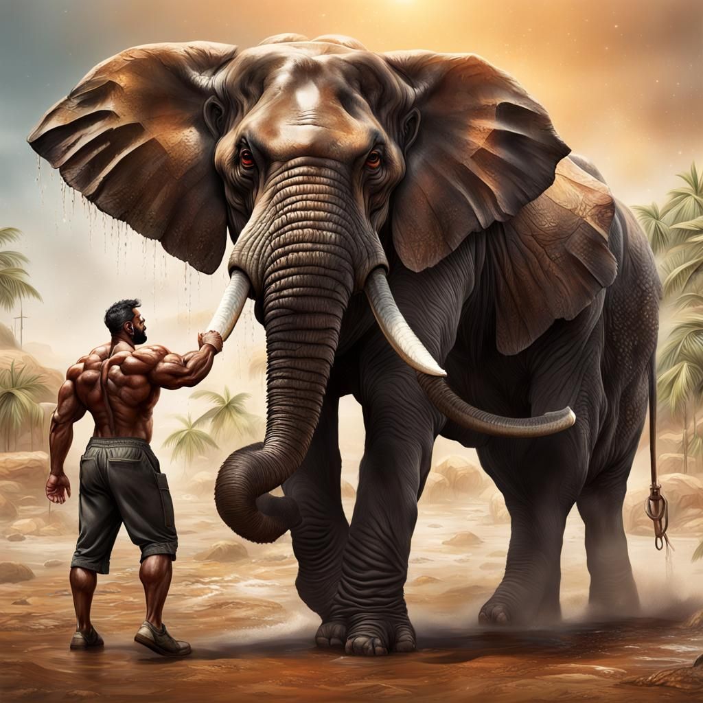 Hyperrealistic Animal Tamer Leading Elephant in Circus