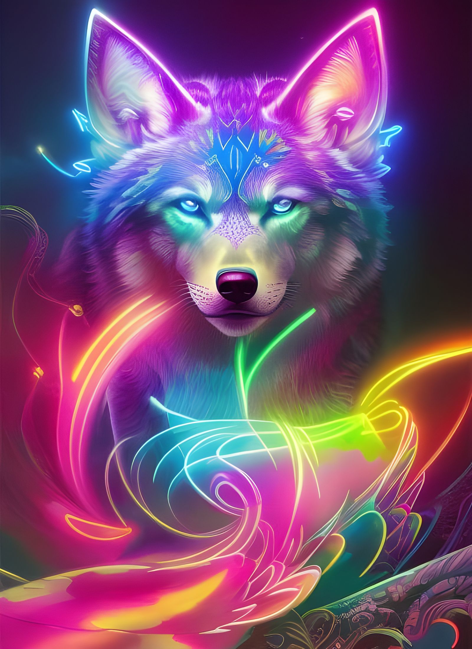 Neon Chibi Wolf in Fantasycore Artwork