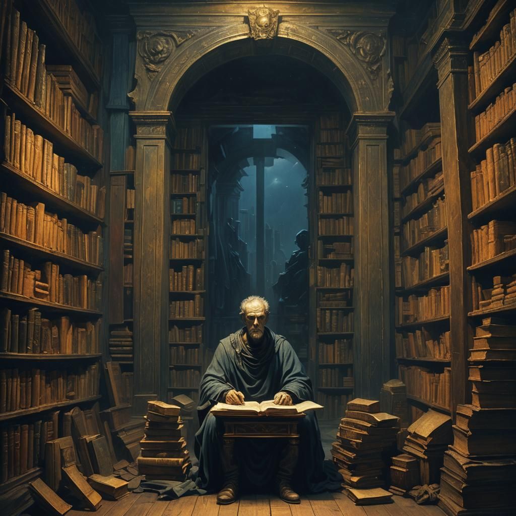 Mysterious Dark Fantasy Room with Books and Bust