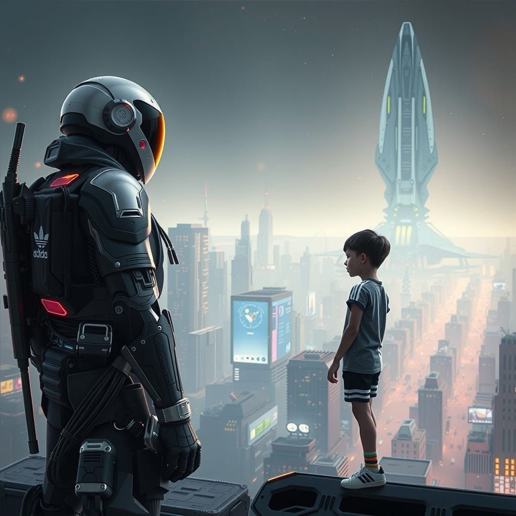 Cyberpunk Metropolis: Boy and Armored Soldier