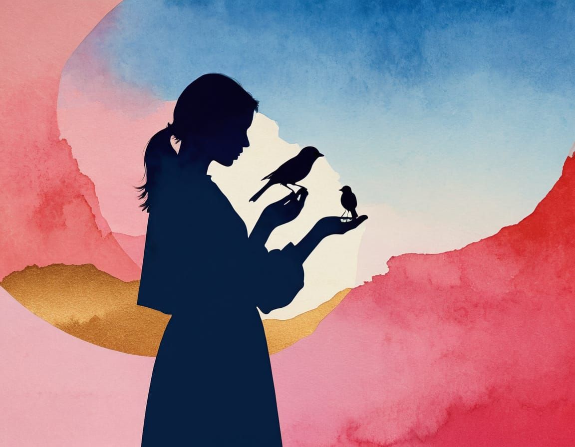 Woman with Bird Silhouette Art in Colourful Style