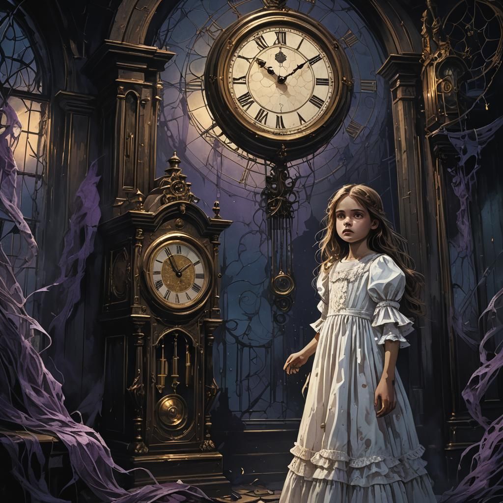 Dark Fantasy: Girl and Clock in Haunted House
