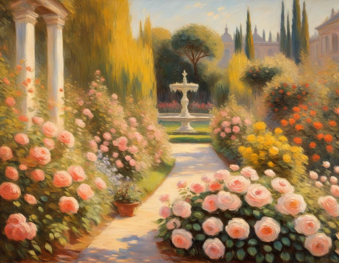Victorian Rose Garden in Oil Painting Style