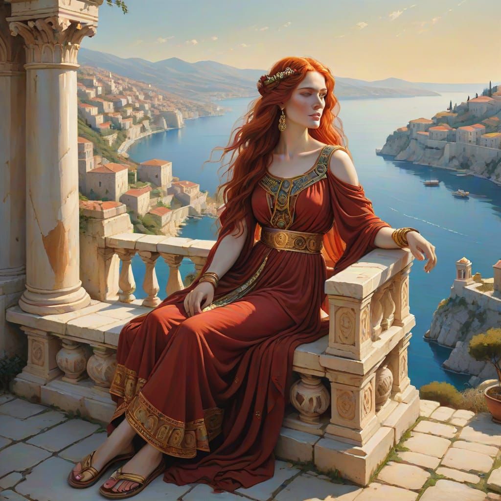 Serene Ancient Roman Noblewoman in a Mediterranean Landscape