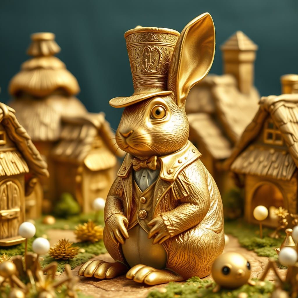 Golden Rabbit Sculpture in Whimsical Village