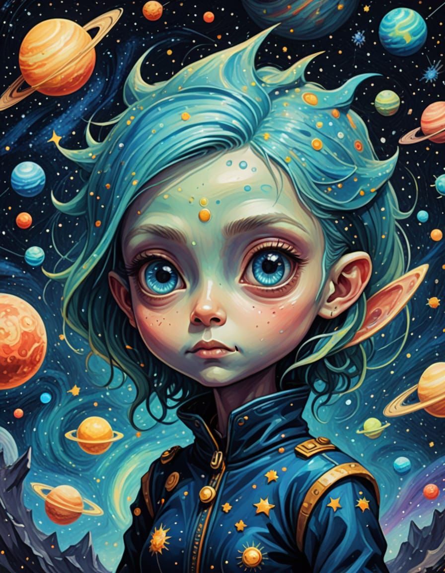 Whimsical Chibi Alien in Cosmic Landscape
