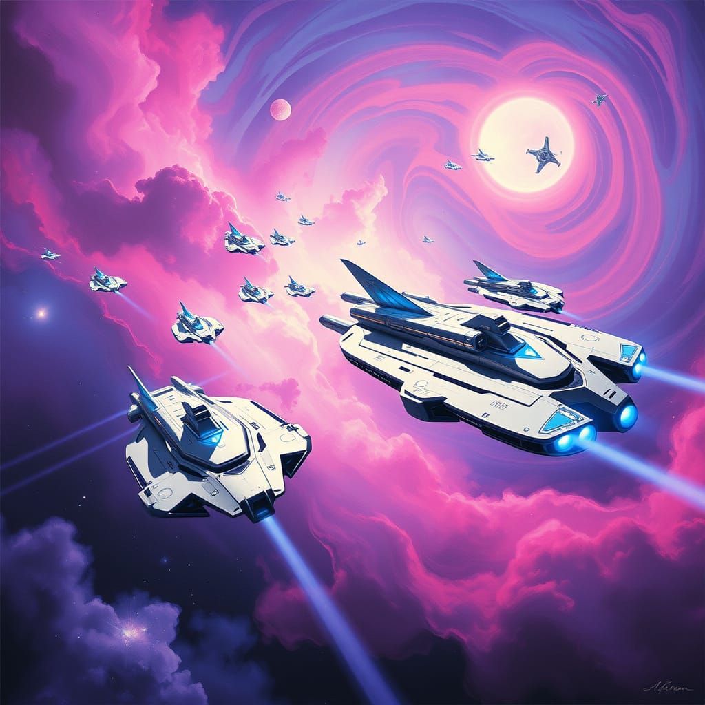 Futuristic Interstellar Vessels in Cosmic Nebula