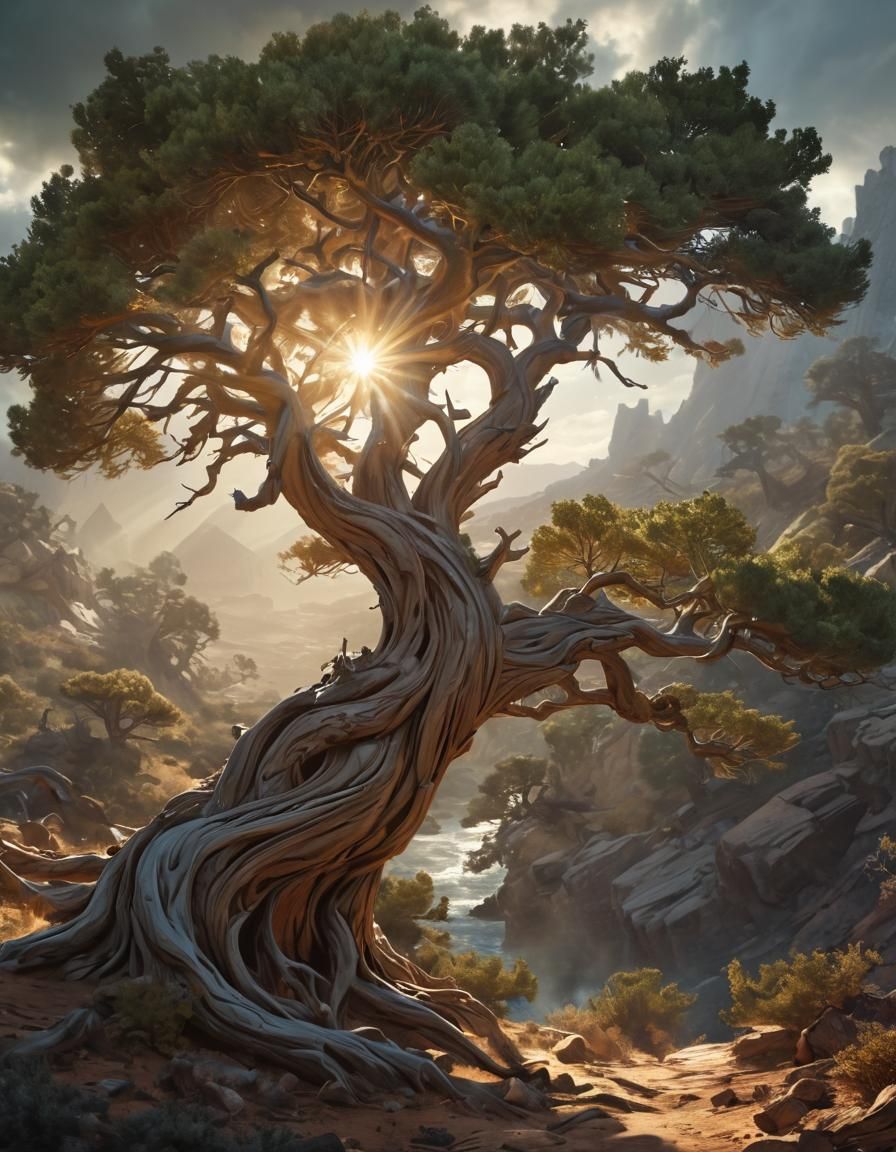 Wind-Gnarled Tree Bends in High Winds