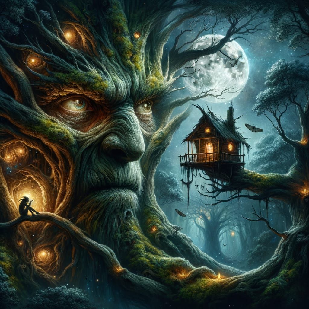 Enchanted Goblin Treehouse in Moonlit Forest