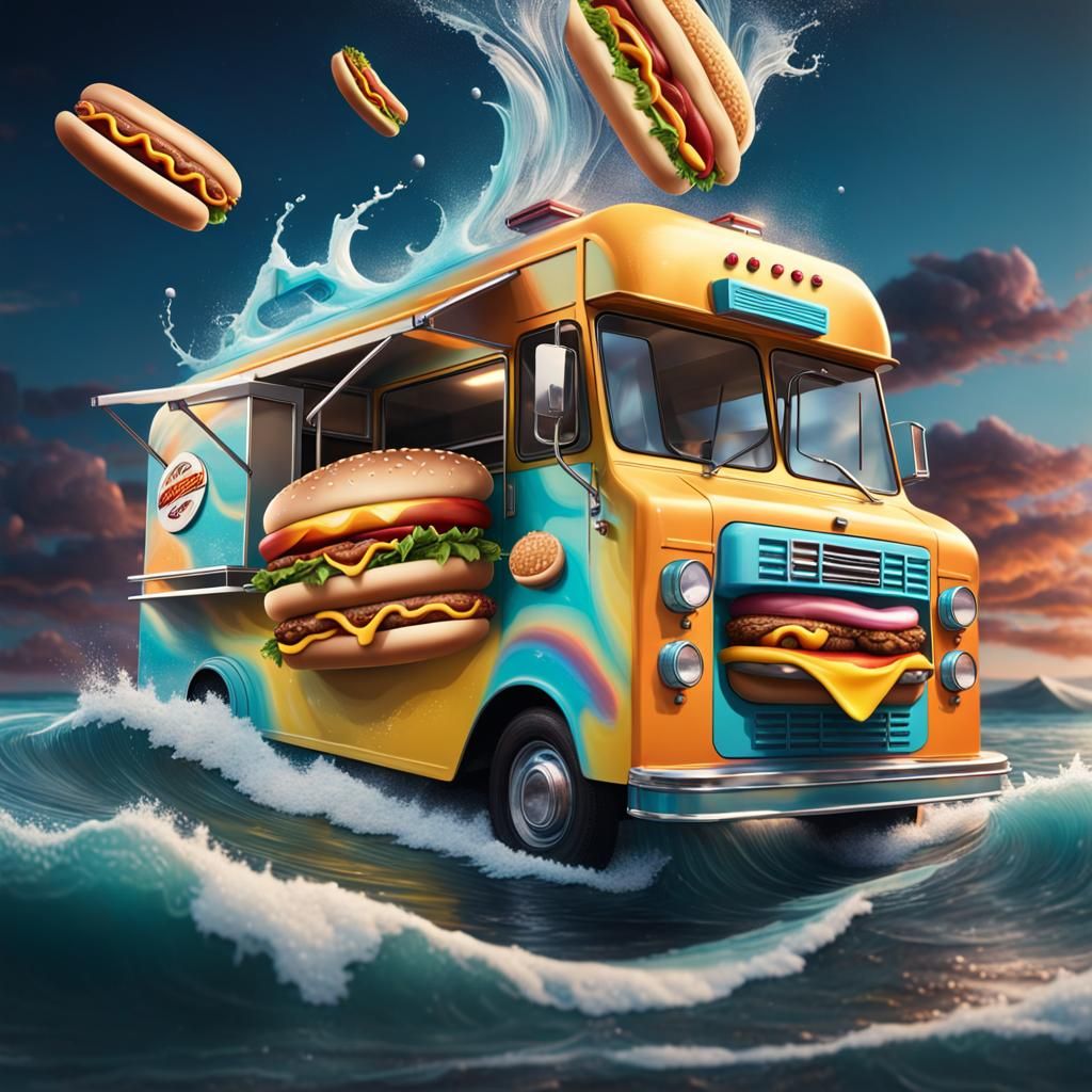 Futuristic Food Trucks on Ocean Shore: Hyperrealistic Art