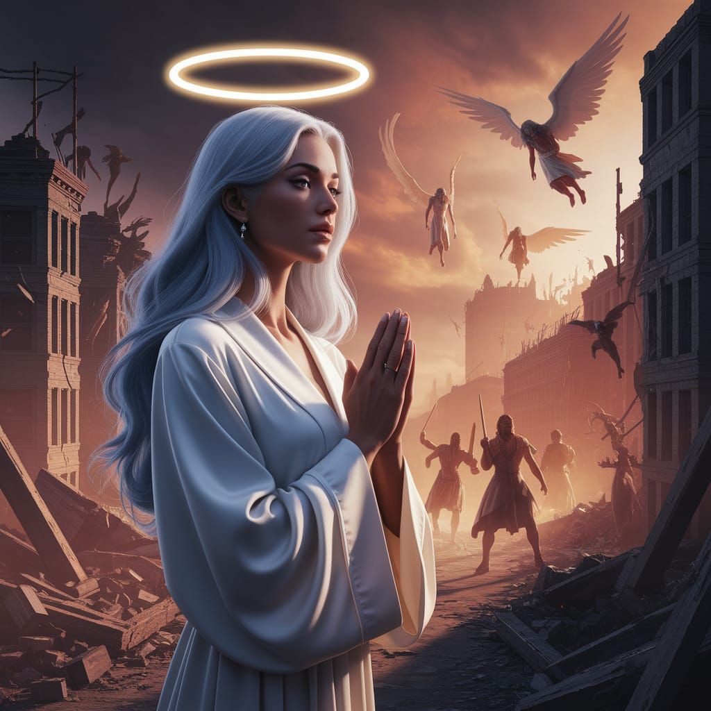 War-Torn Cityscape with Angelic Figure in Prayer