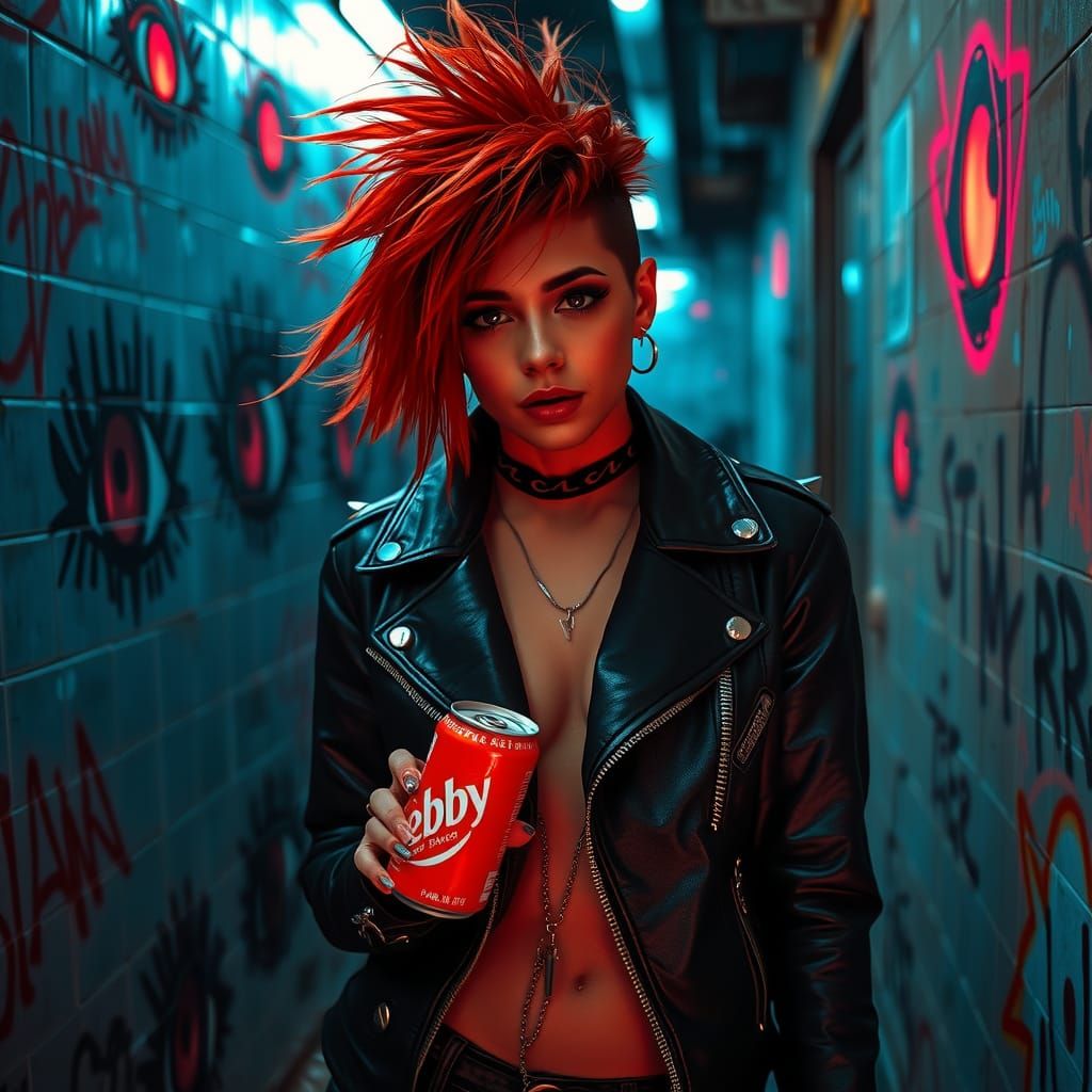 Cyberpunk Woman with Red Hair in Neon Alley