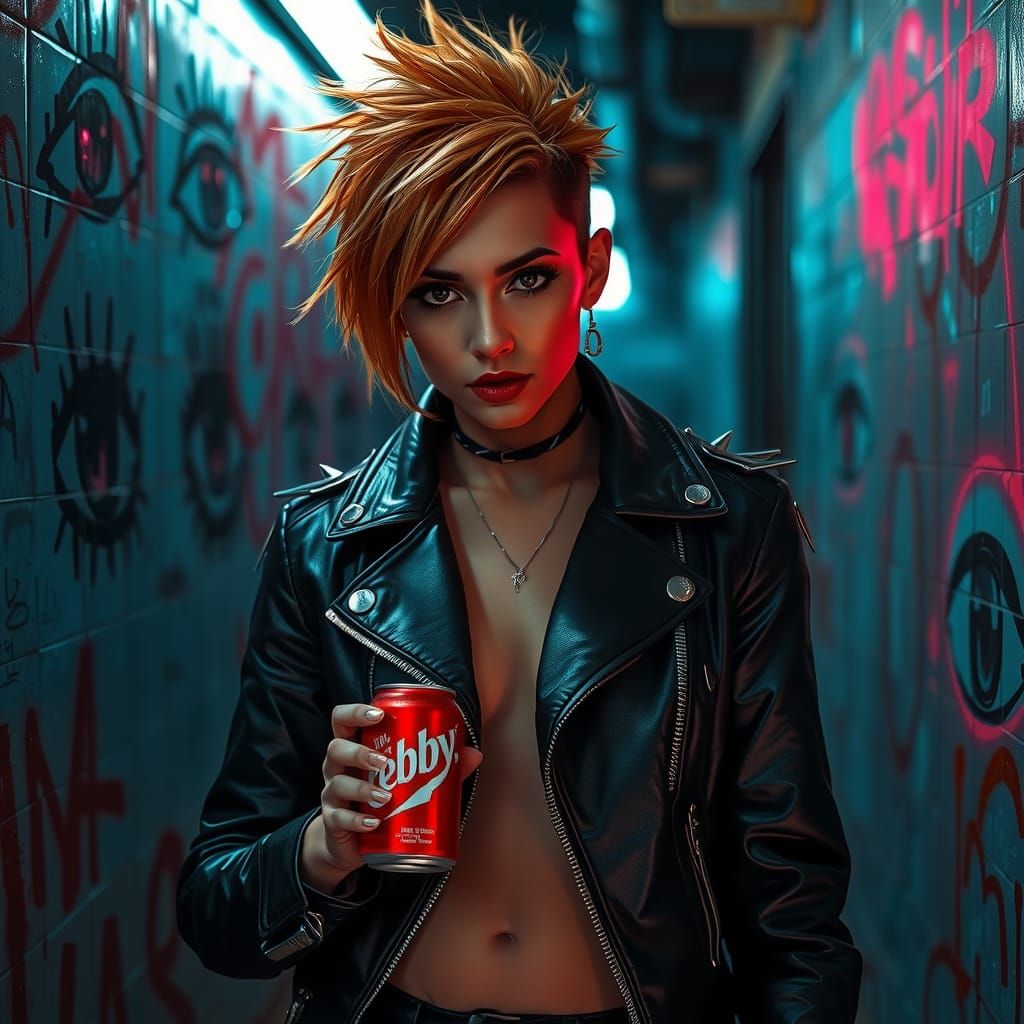 Fiery Haired Woman in Graffiti Alley, Cyberpunk Style