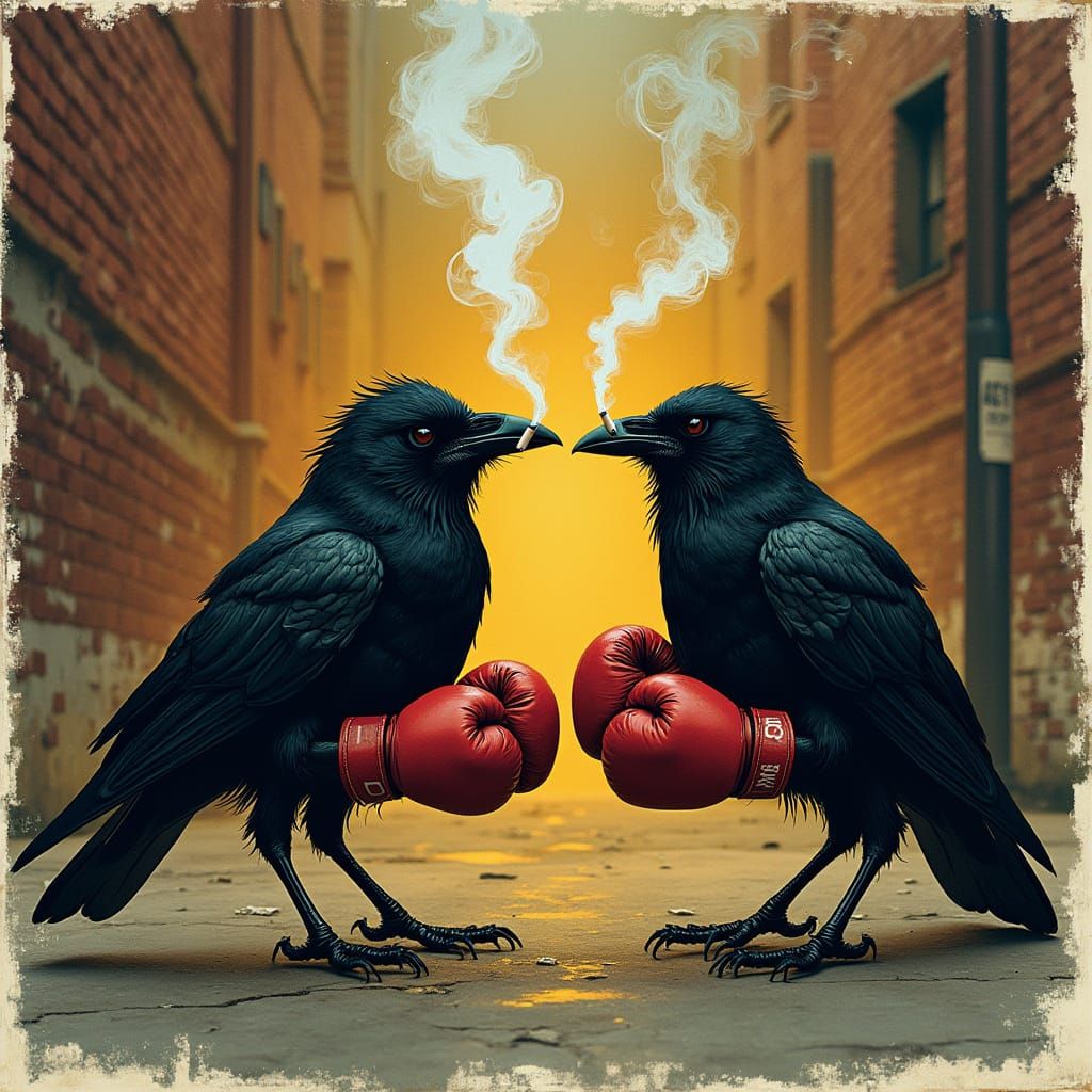 Crows in Vintage Boxing Gloves, Urban Backdrop
