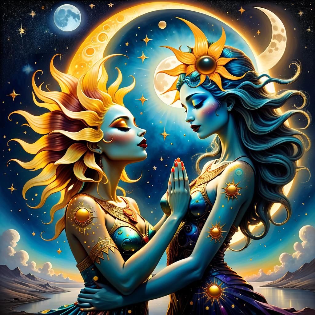 Sun and Moon Goddesses in Pop Surrealism Style