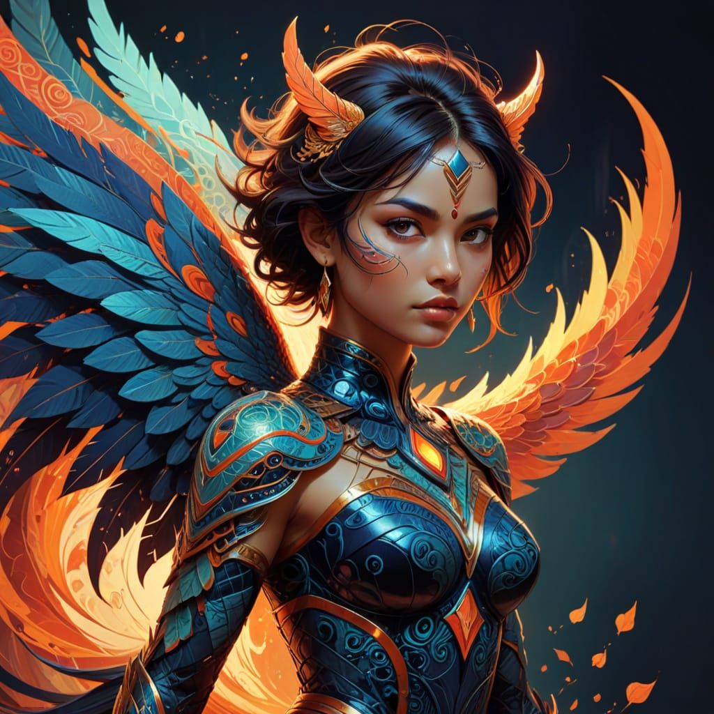 Fierce Warrior Goddess Rides Phoenix Steed