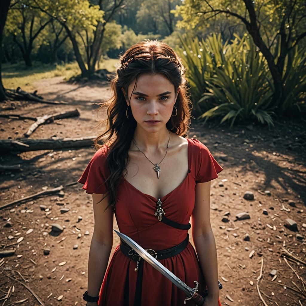 Teen Girl with Sword Charm in Cinematic Style