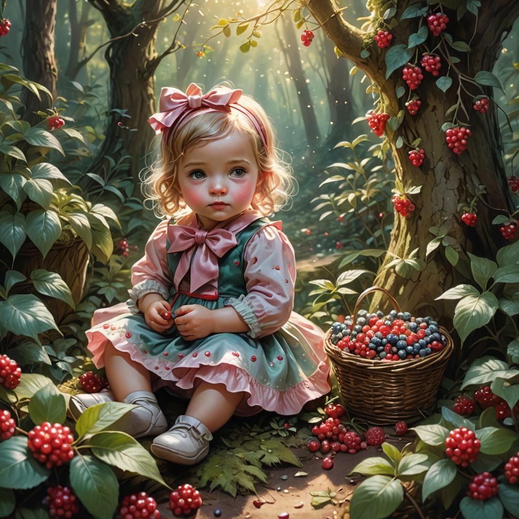Baby Girl Picking Starberries in Whimsical Forest