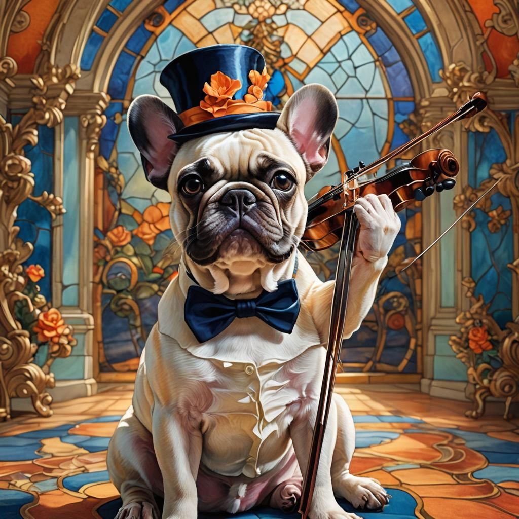 Bulldog Playing Violin in Art Nouveau Style