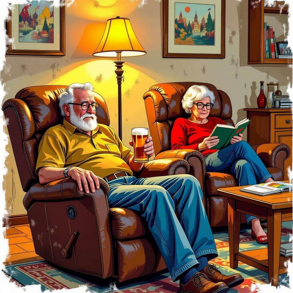 Elderly Man Relaxing in Recliner, Comic Book Style