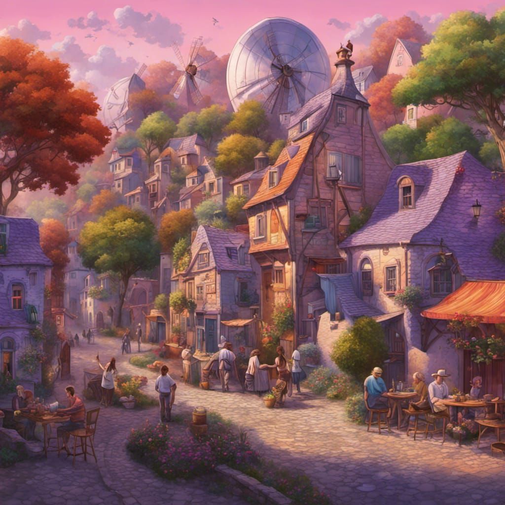 Fantastical Village Scene with Curved Buildings