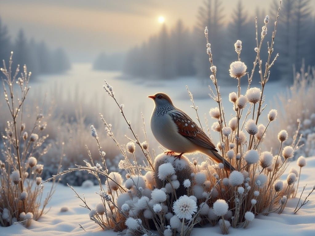Chukar Partridge in Snowy Watercolor Landscape