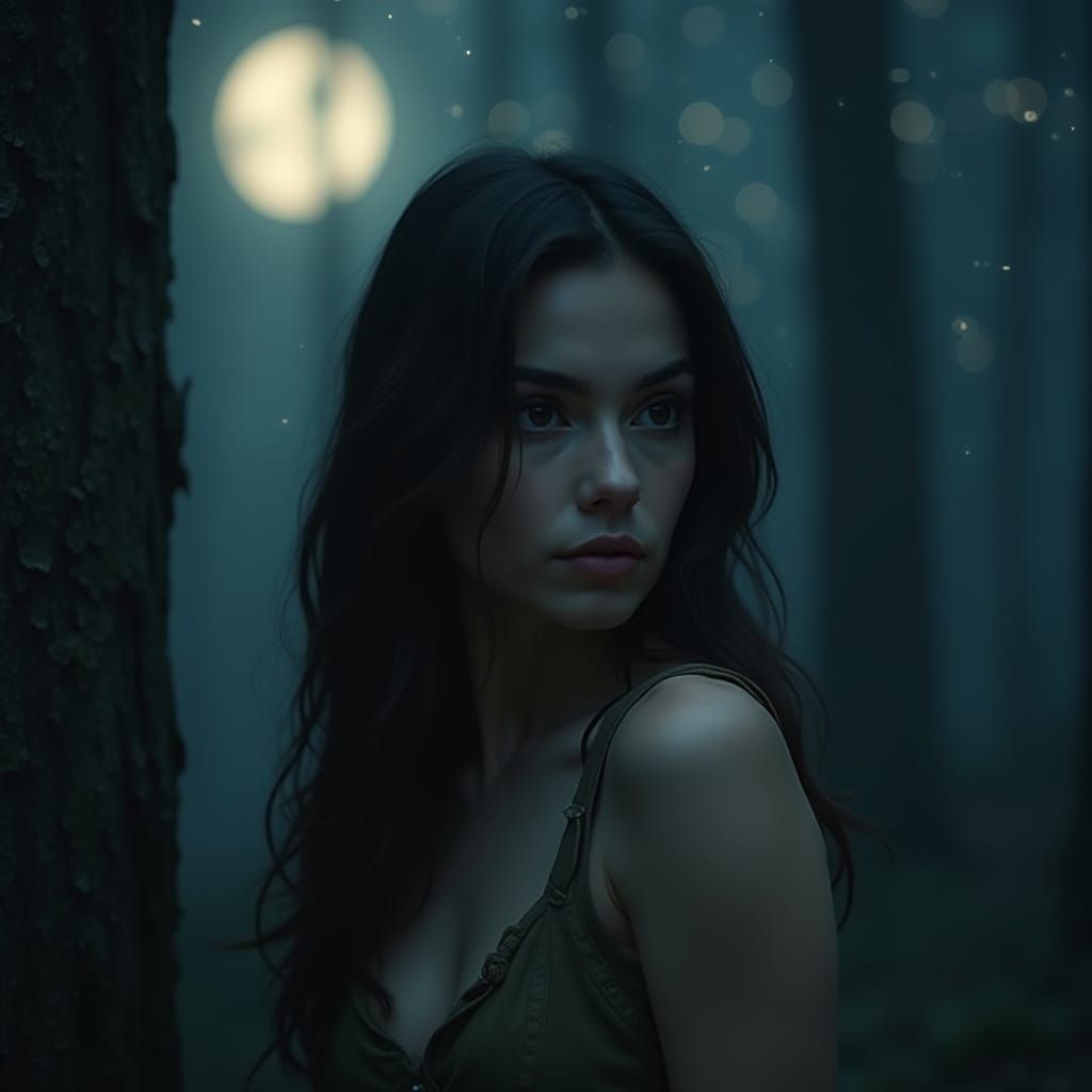 Enchanted Forest Actress in Muted Blues and Greys