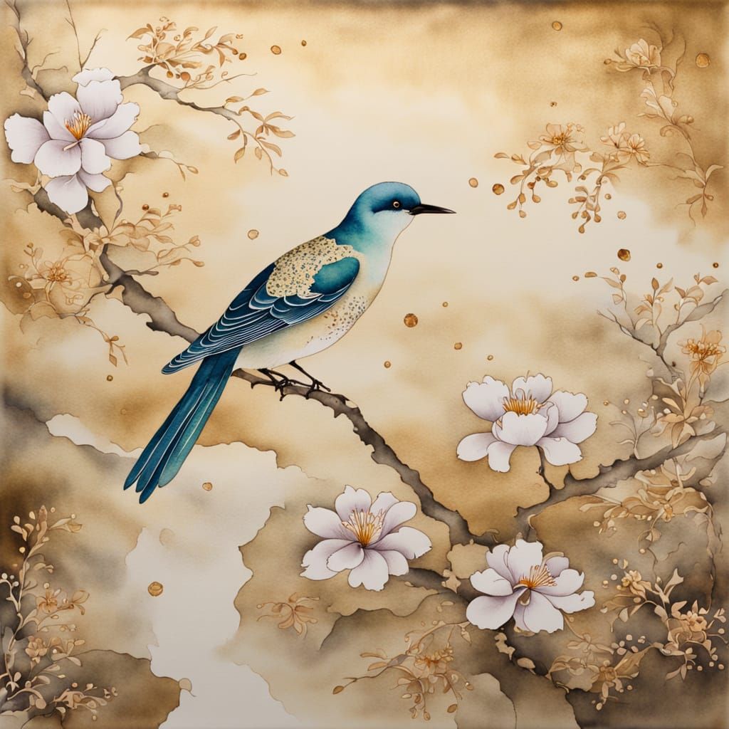 Whimsical Asian Bird and Flowers in Watercolor