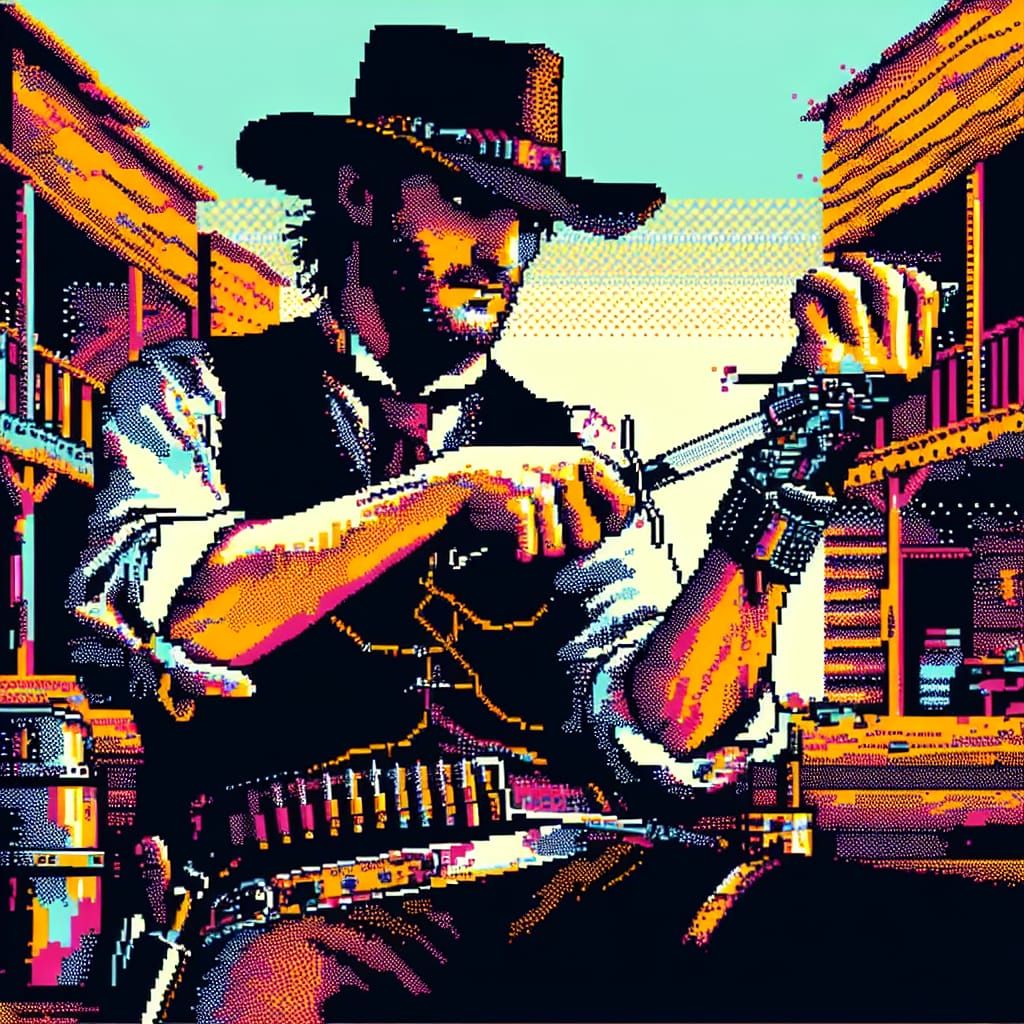 Emo pixelart cowboy playing with Texas toothpick