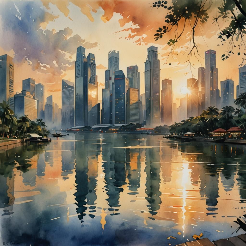 Vibrant Singapore Sunrise in Dreamlike Watercolor