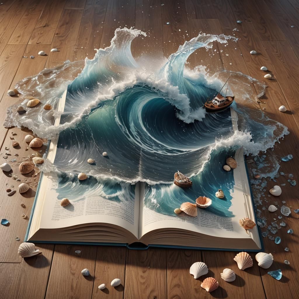Hyperrealistic Wave Surges from Open Book