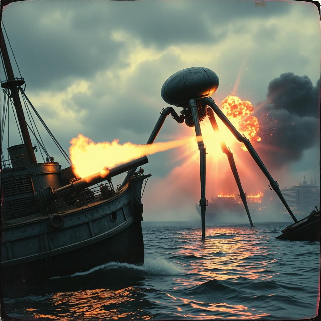Battleship vs Martian Tripod in Steampunk England