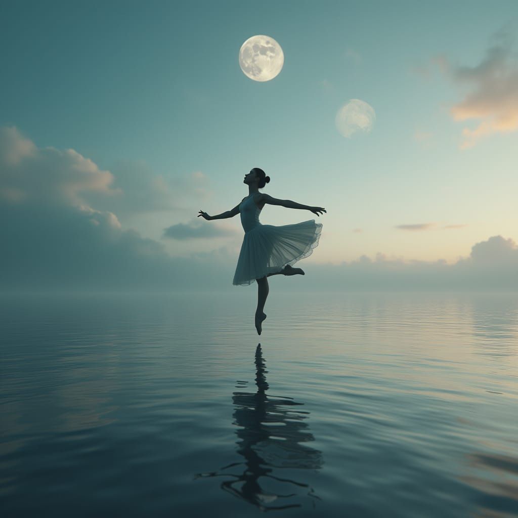 Ballet Dancer Leaps Over Alien Ocean Under Twin Moons