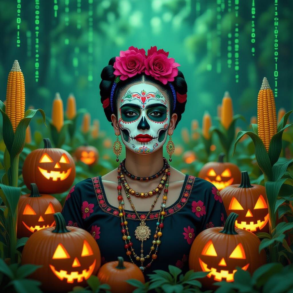 Frida Kahlo in Cyberpunk Halloween Garden