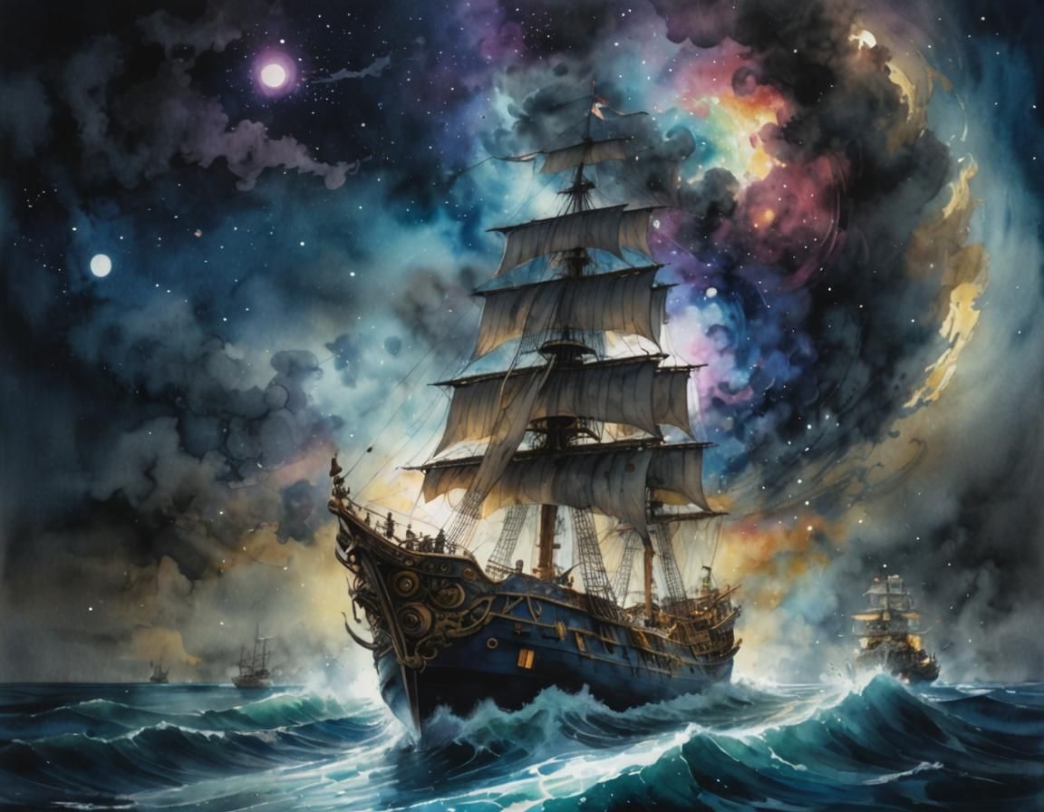 Steampunk Sailboat Battles Cosmic Waves in Watercolor