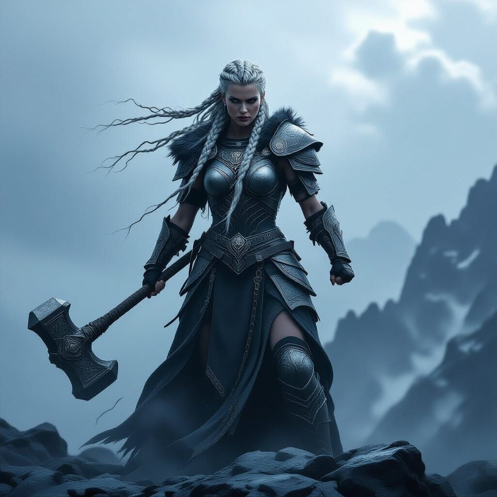 Battle Goddess on Stormy Peak in Norse Horror Style