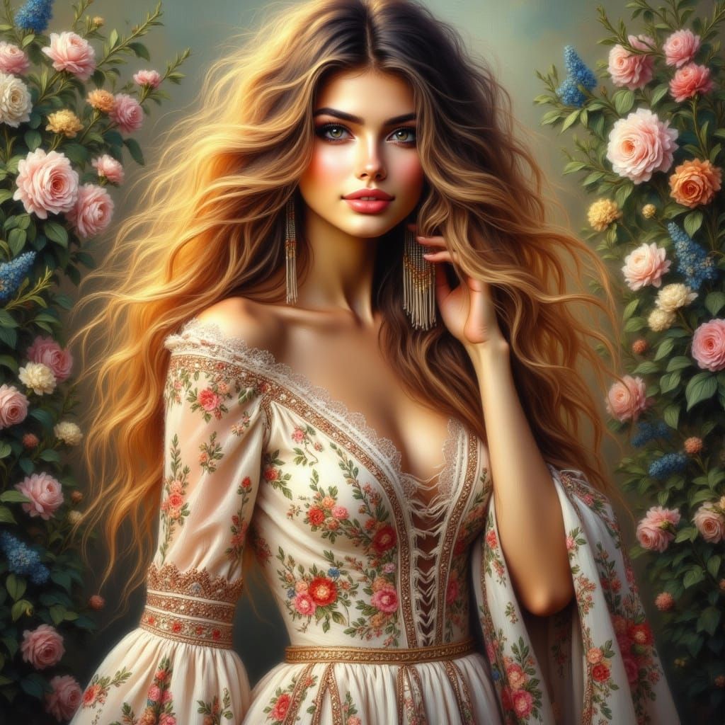 Slavic Princess in Floral Dress, Hyperrealistic Oil Painting