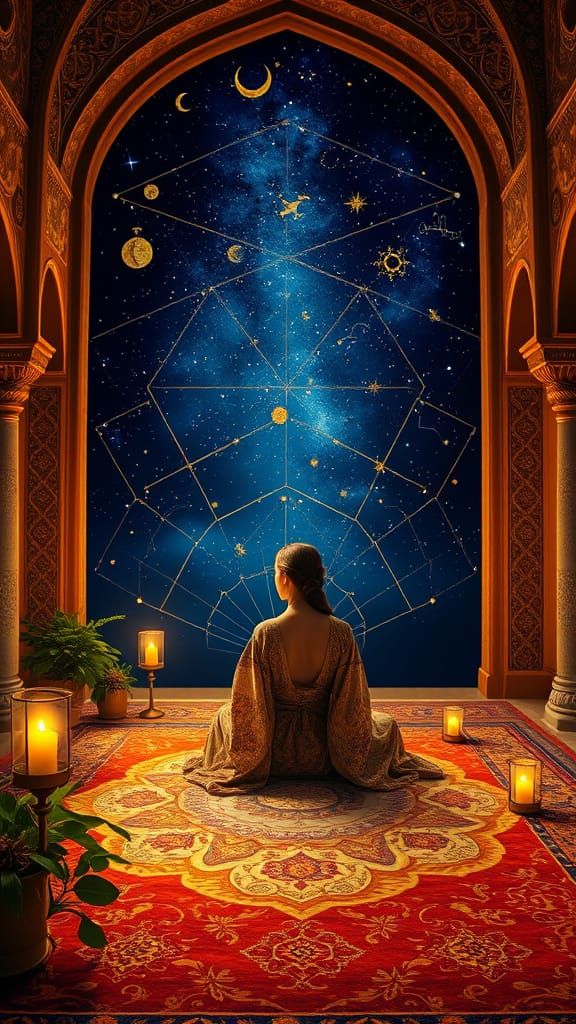 Bathed in celestial light, within a magnificent Persian inte...