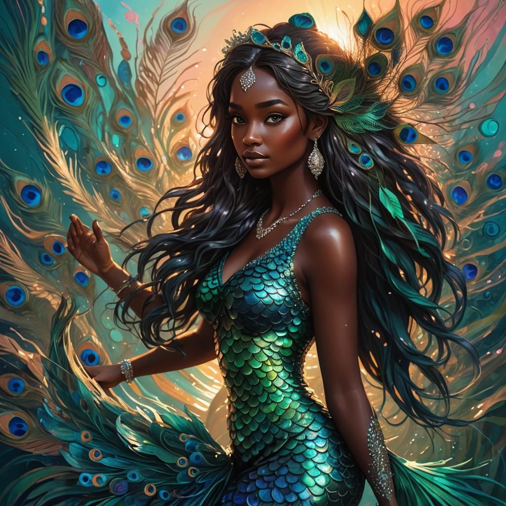 Exotic Dark-Skinned Mermaid with Peacock Feather Tail
