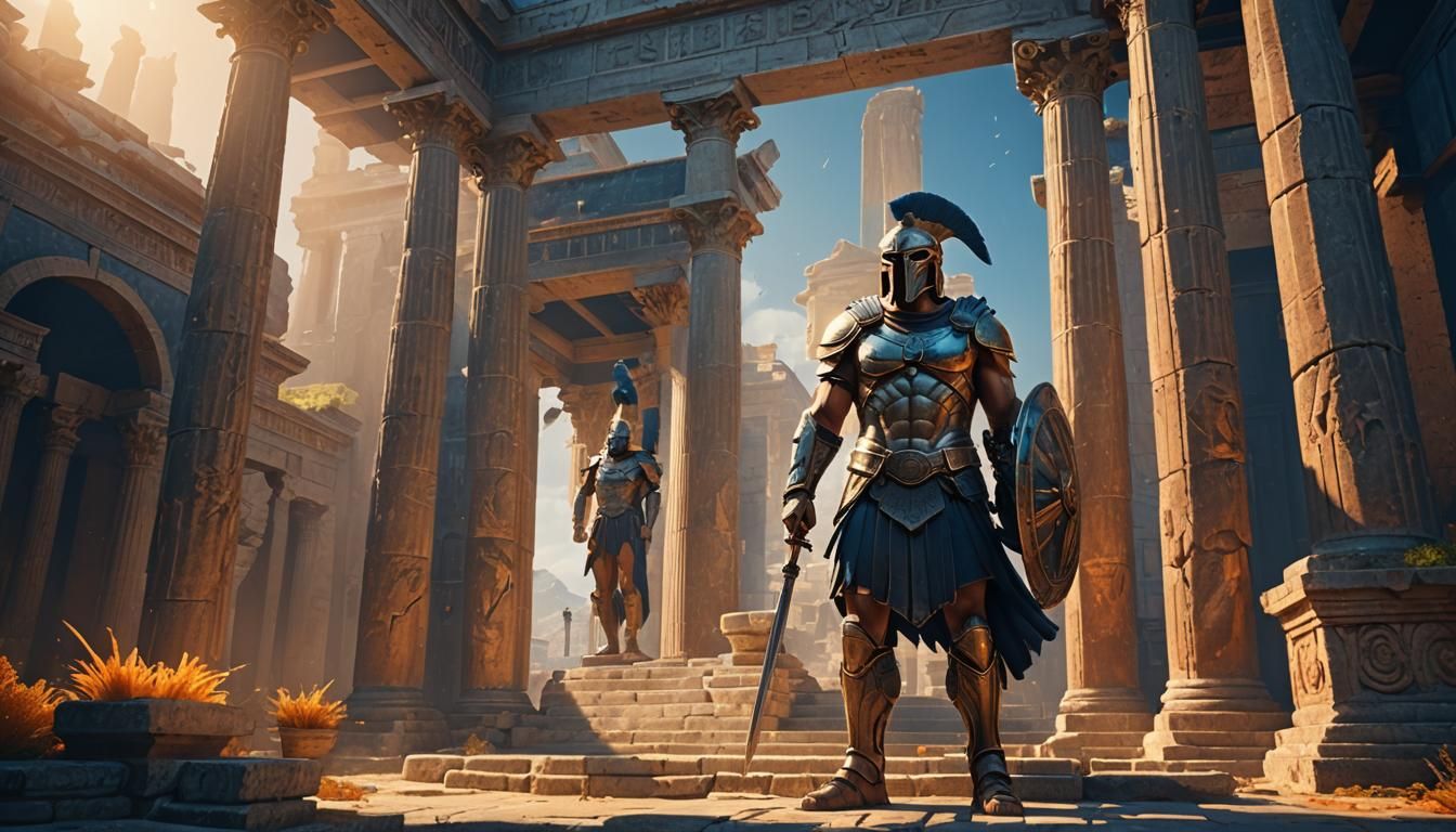 Spartan Warrior on Glowing Stage: Fantasy Concept Art