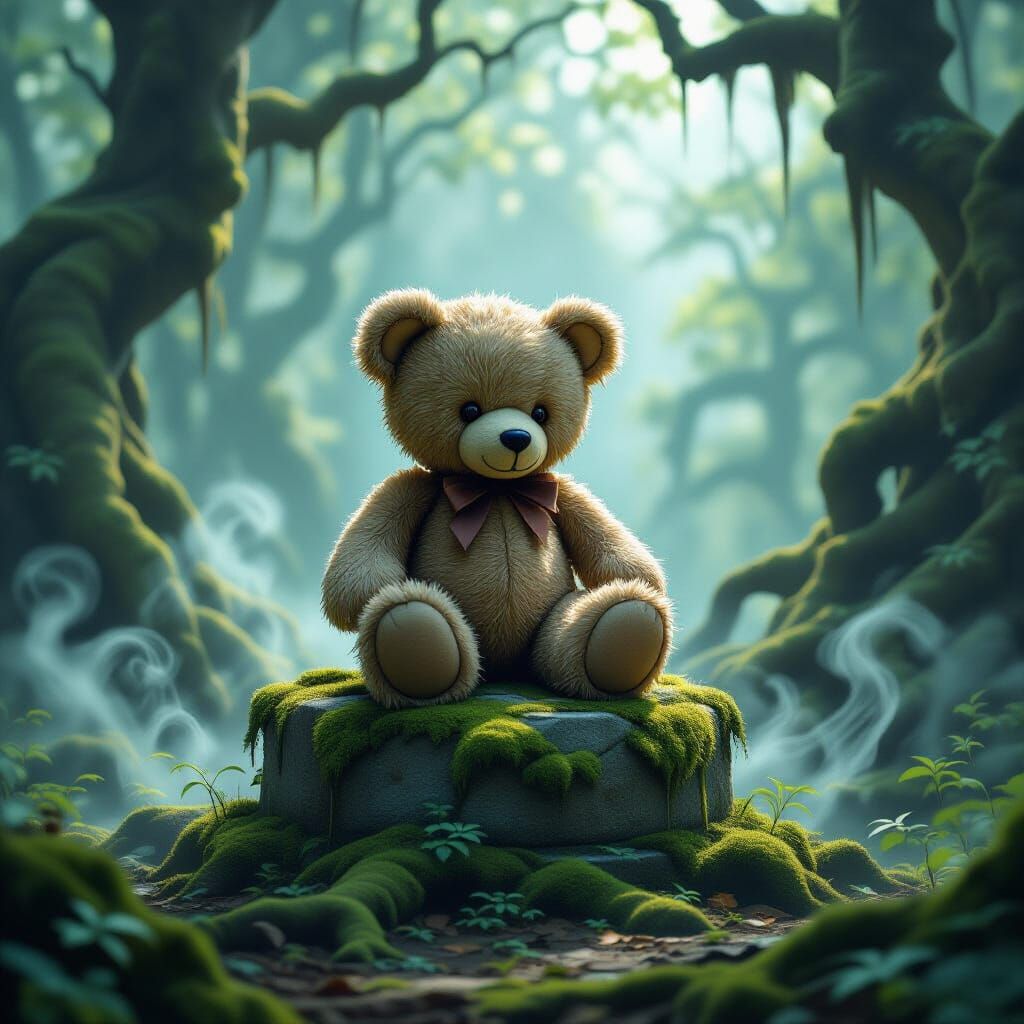 Weathered Teddy Bear in Misty Ancient Forest Concept Art