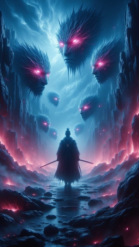 Lone Samurai Amidst Demon Spirits in Mystical Landscape