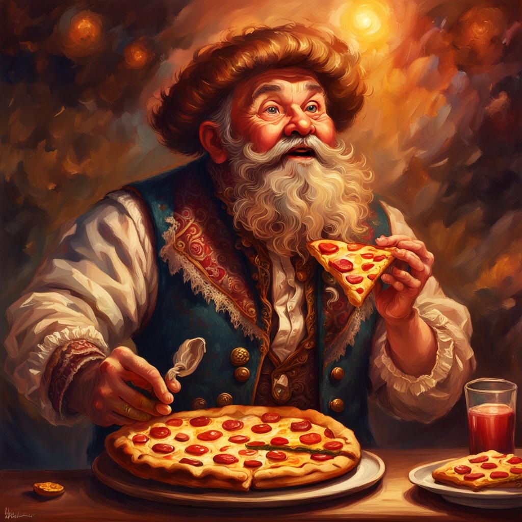 Joyful Neapolitan Dwarf Eating Pizza, Hyperrealistic Oil Pai...