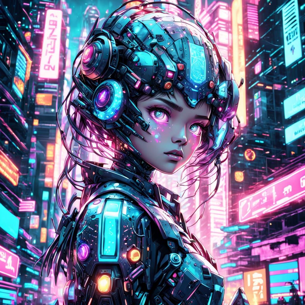 Robot Girl in Futuristic City, Anime Style