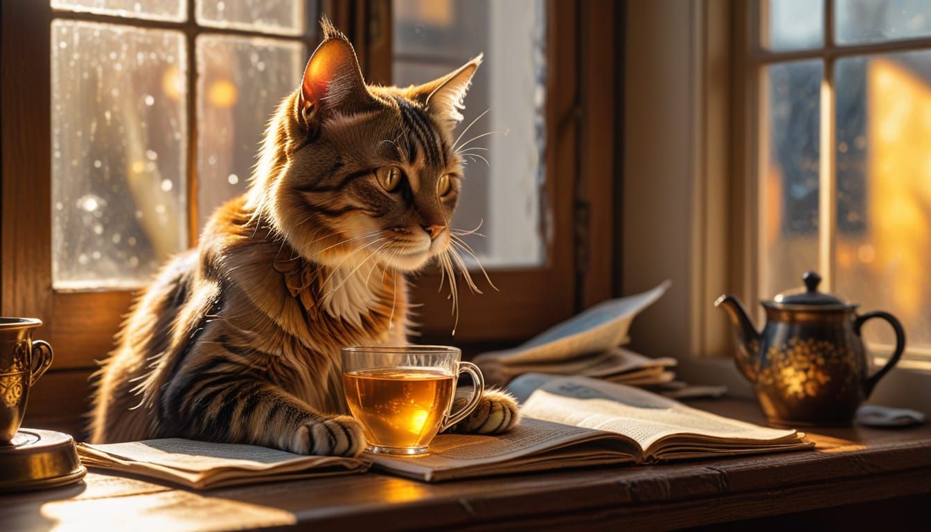 Boomer Cat Sipping Tea: Alcohol Ink Art