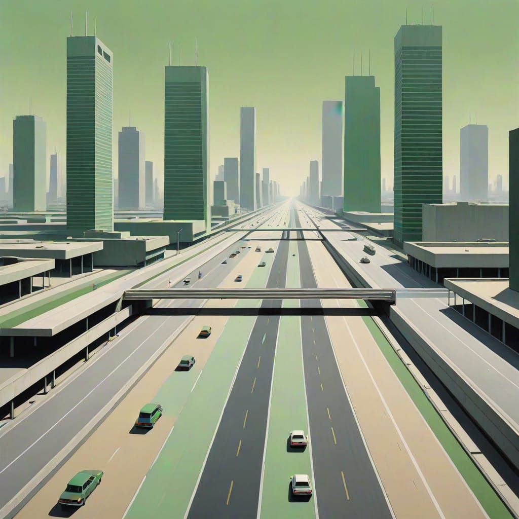 Cyberpunk Cityscape Under Pale Green Haze